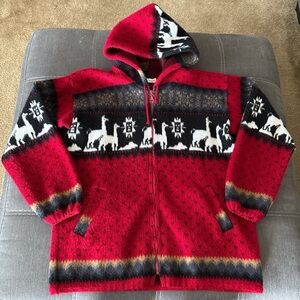 Vintage Artesanias Tuntaquimba Wool Full Zip  Hoodie Sz M Alpacas Red/Black